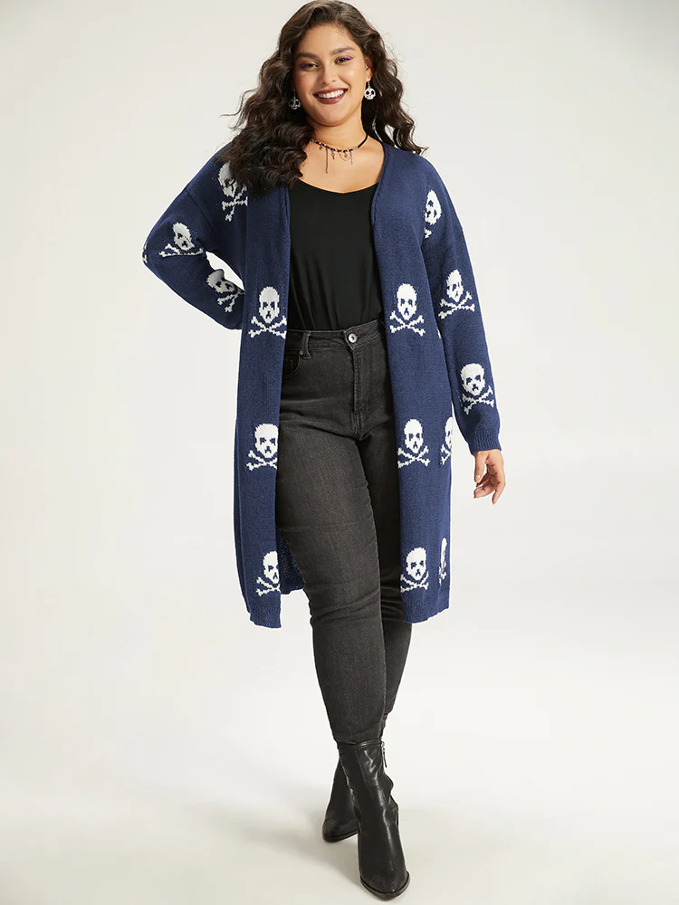 Halloween Skull Print Split Side Drop Shoulder Maxi Cardigan - Image 5