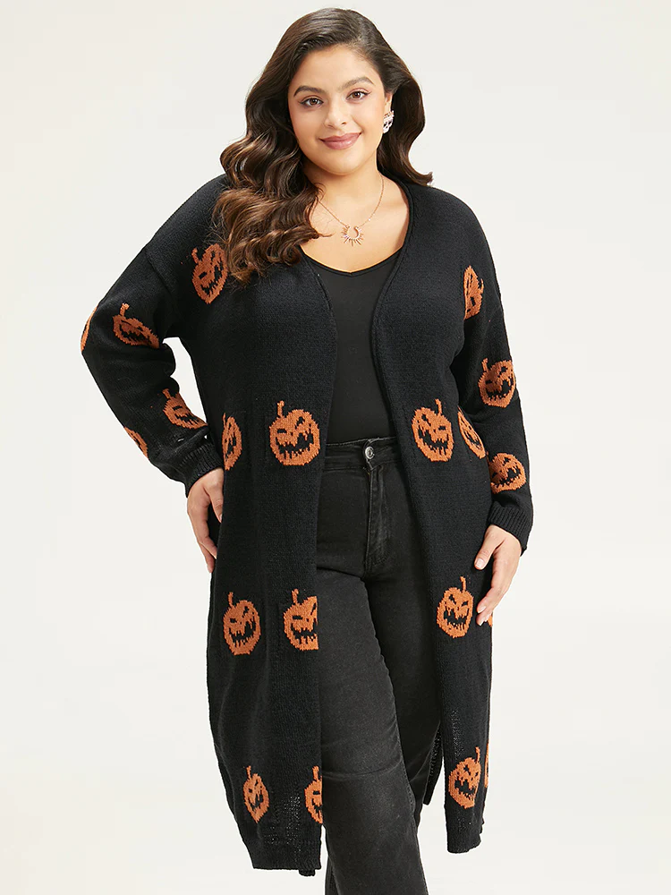 Halloween Skull Print Split Side Drop Shoulder Maxi Cardigan - Image 6