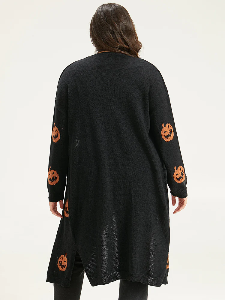 Halloween Skull Print Split Side Drop Shoulder Maxi Cardigan - Image 7