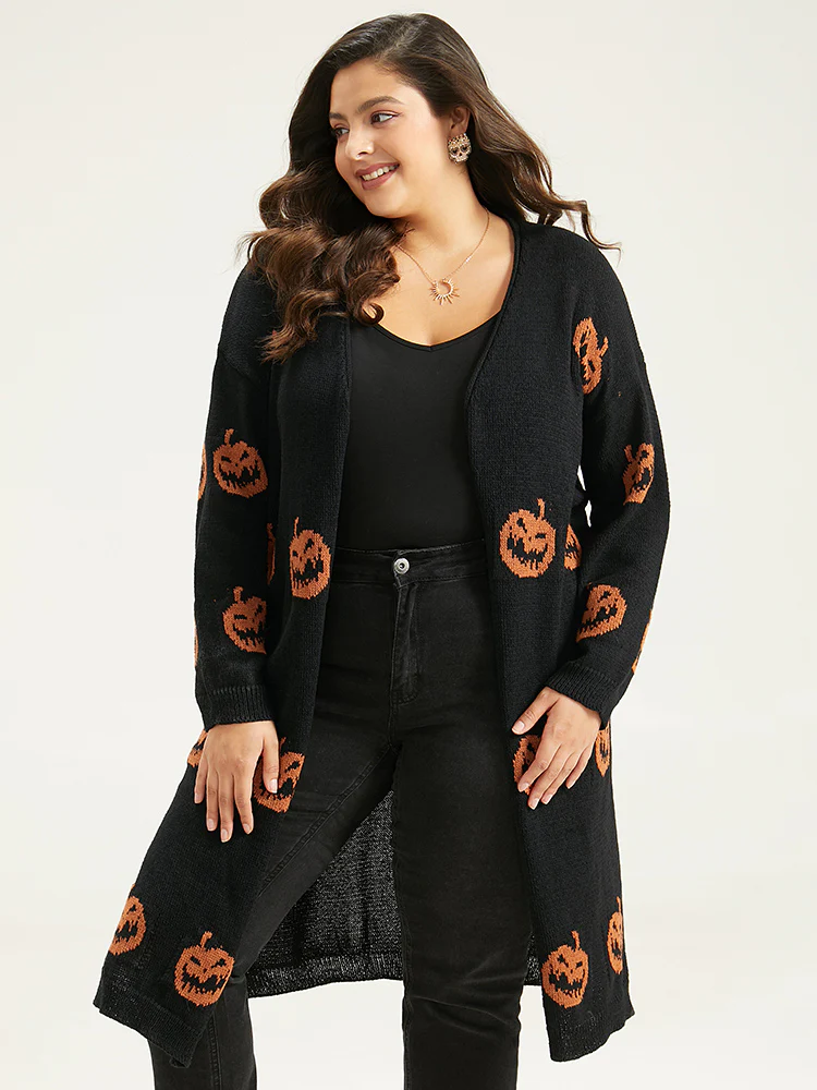 Halloween Skull Print Split Side Drop Shoulder Maxi Cardigan - Image 8