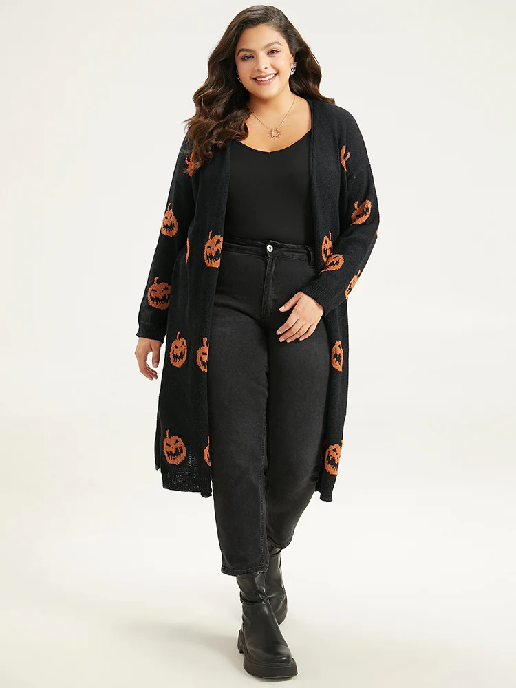 Halloween Skull Print Split Side Drop Shoulder Maxi Cardigan - Image 9