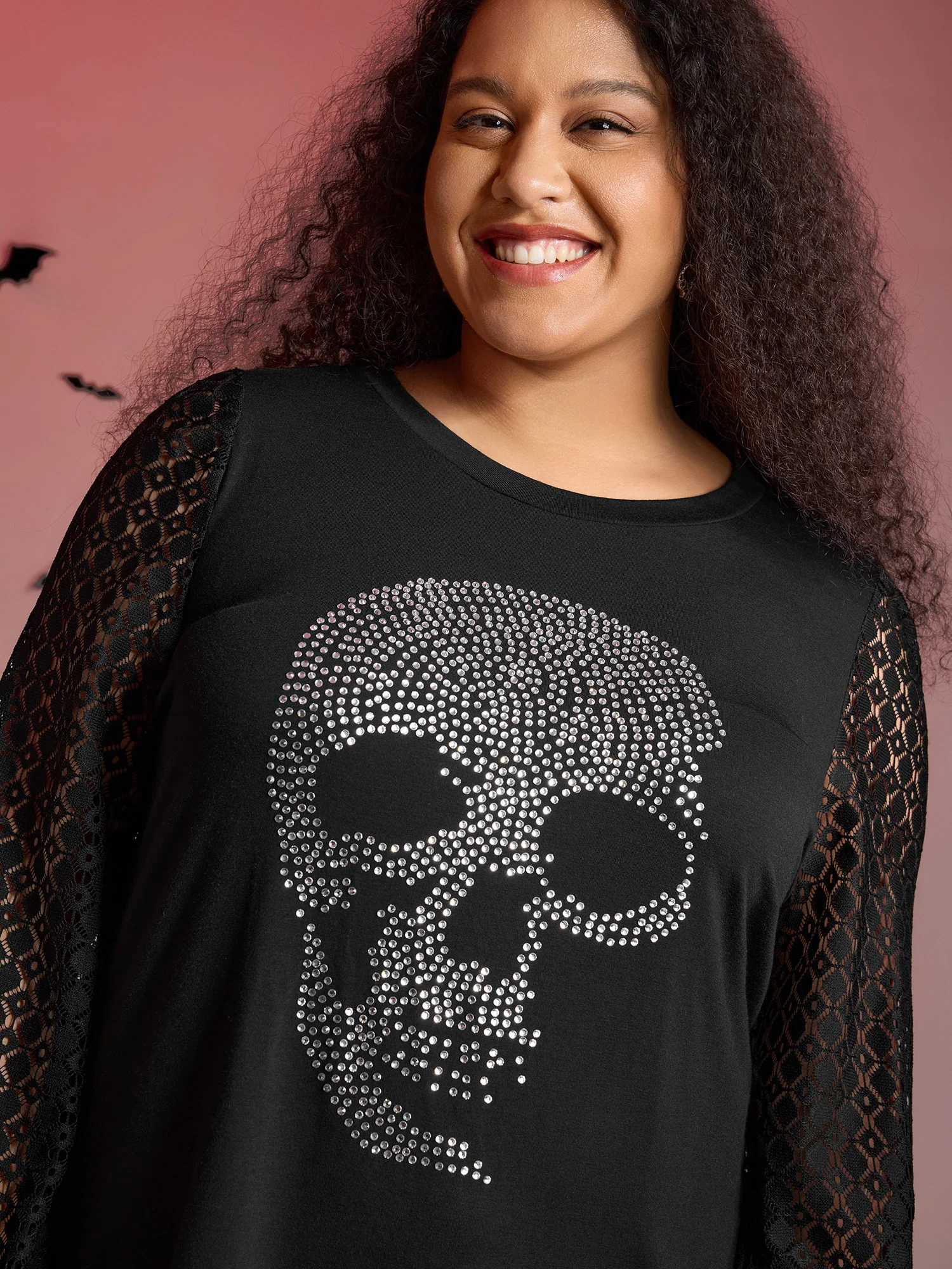Halloween Skull Shimmery Rhinestones Lace T-Shirt - Image 2