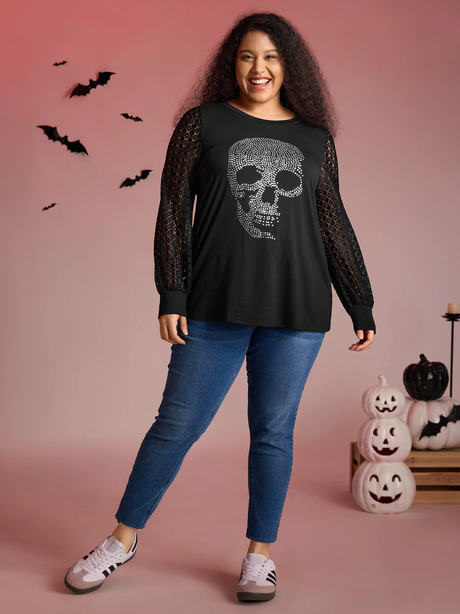 Halloween Skull Shimmery Rhinestones Lace T-Shirt - Image 3
