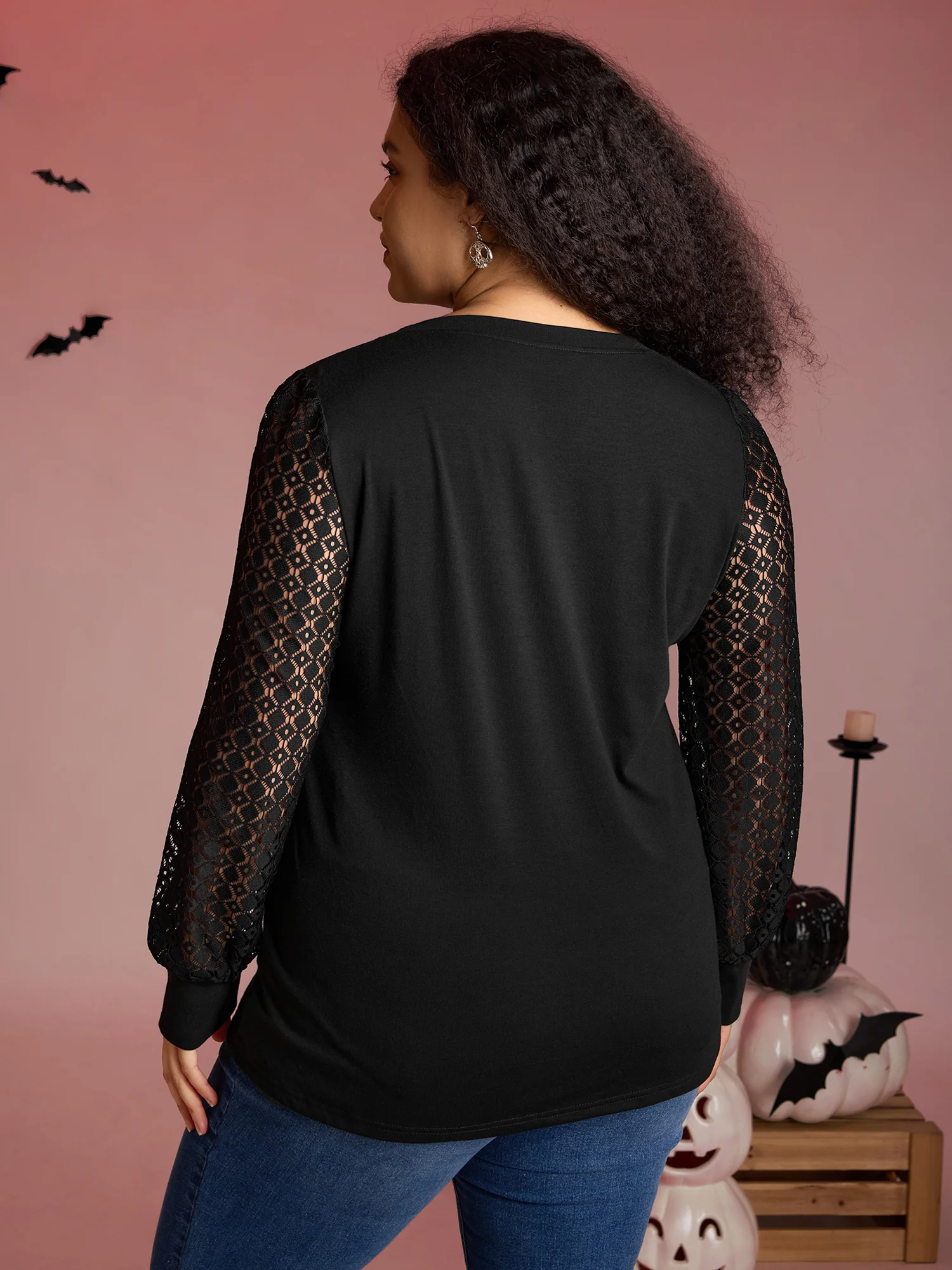 Halloween Skull Shimmery Rhinestones Lace T-Shirt - Image 4