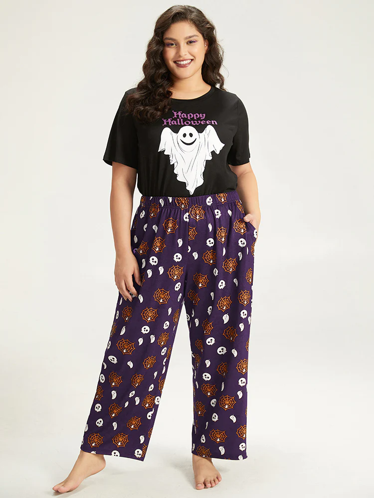 Halloween Skull & Spiderweb Print Pocket Pajama Bottoms - Image 12