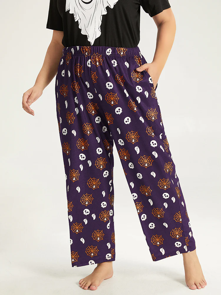 Halloween Skull & Spiderweb Print Pocket Pajama Bottoms - Image 13