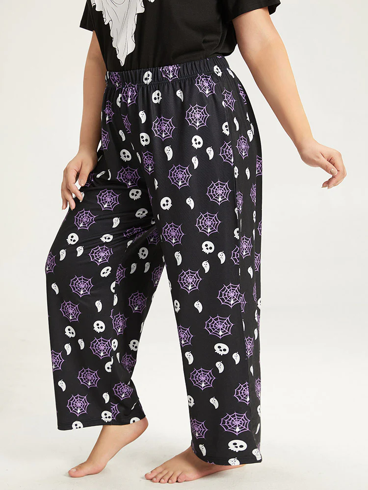 Halloween Skull & Spiderweb Print Pocket Pajama Bottoms - Image 3