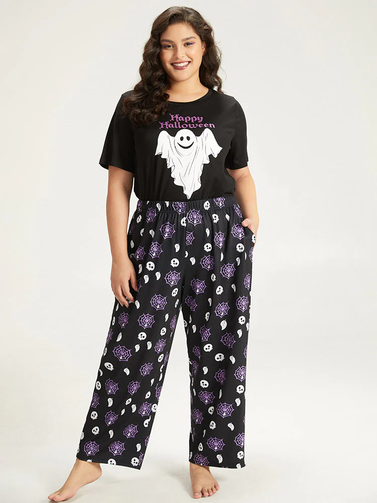 Halloween Skull & Spiderweb Print Pocket Pajama Bottoms - Image 4