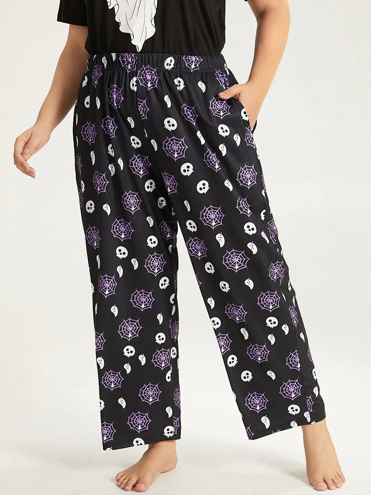 Halloween Skull & Spiderweb Print Pocket Pajama Bottoms - Image 5