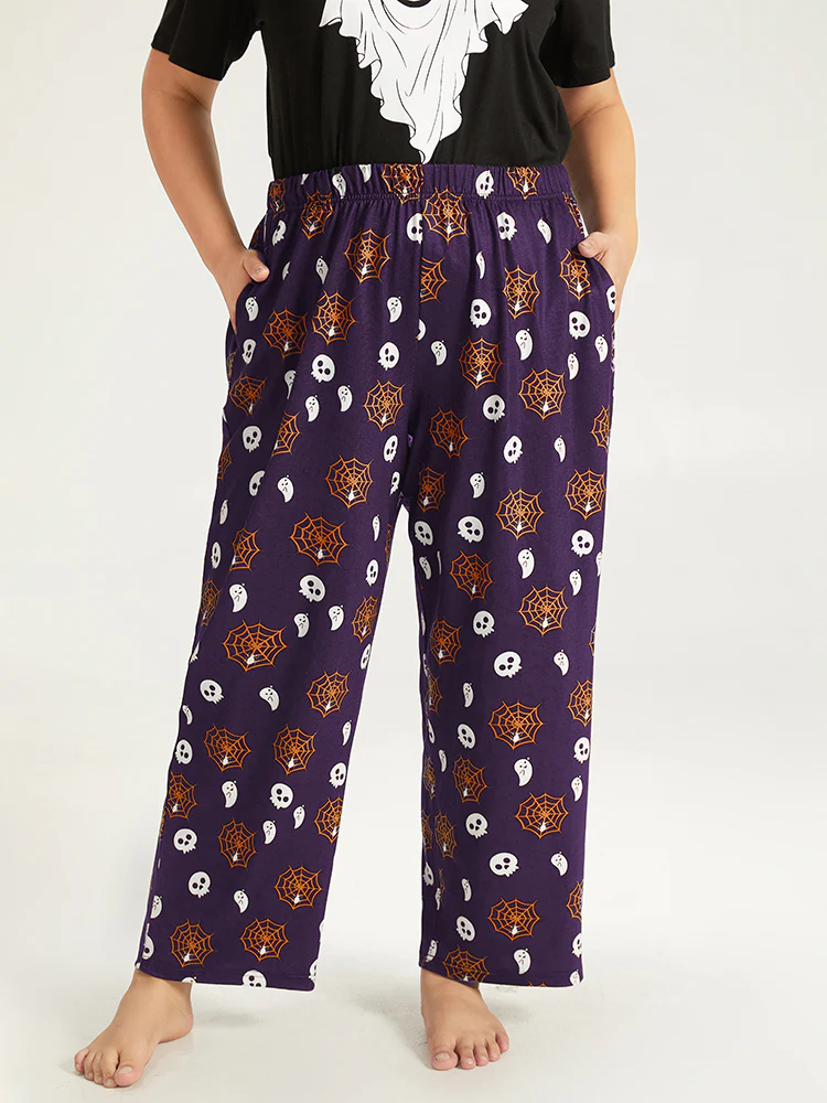 Halloween Skull & Spiderweb Print Pocket Pajama Bottoms - Image 9