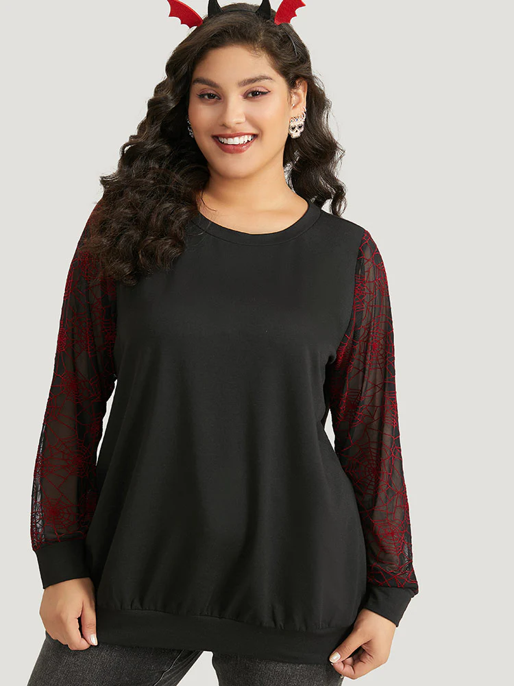 Halloween Spider Web Mesh Patchwork Round Neck Sweatshirt - Image 2