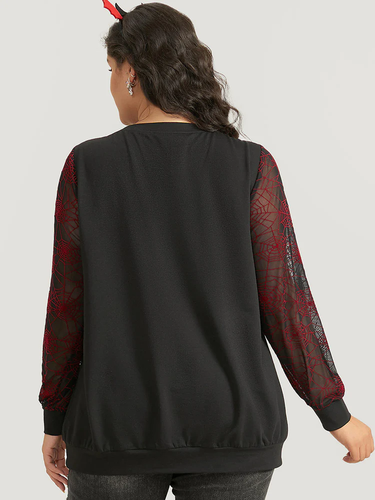 Halloween Spider Web Mesh Patchwork Round Neck Sweatshirt - Image 3