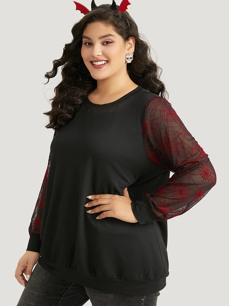 Halloween Spider Web Mesh Patchwork Round Neck Sweatshirt - Image 4
