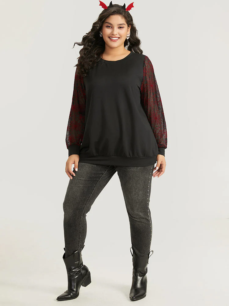 Halloween Spider Web Mesh Patchwork Round Neck Sweatshirt - Image 5