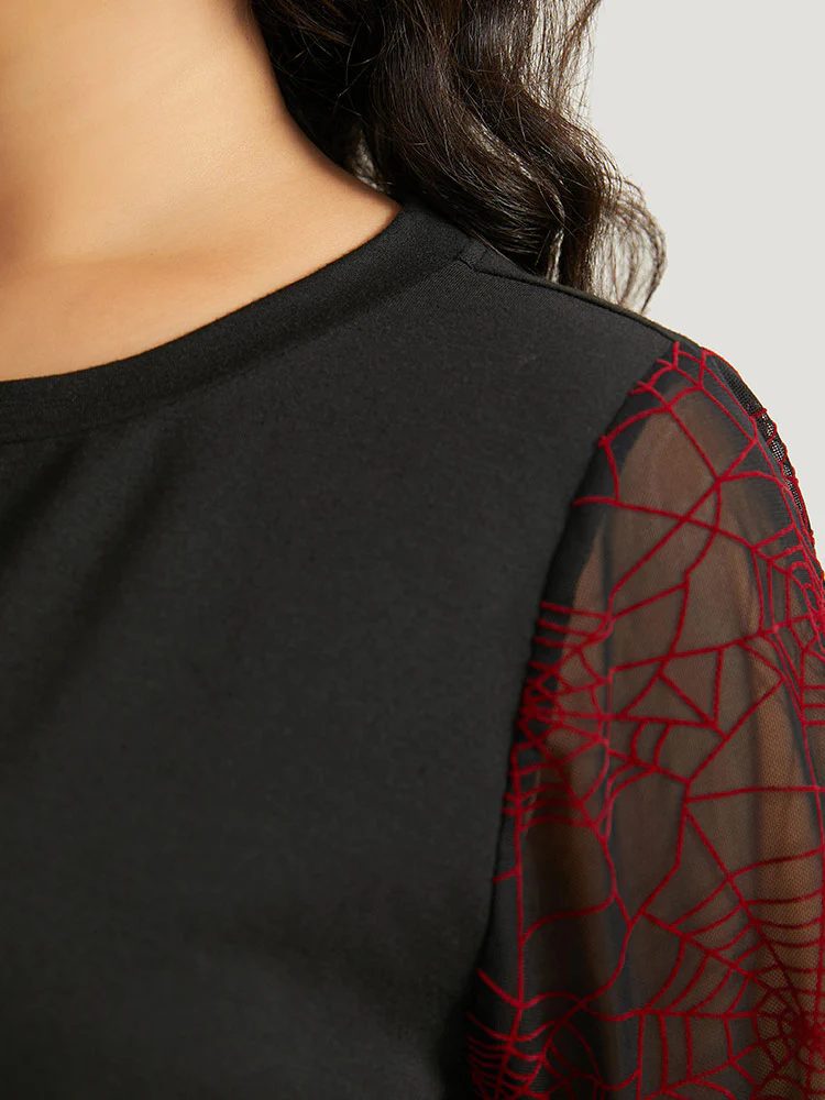 Halloween Spider Web Mesh Patchwork Round Neck Sweatshirt - Image 6