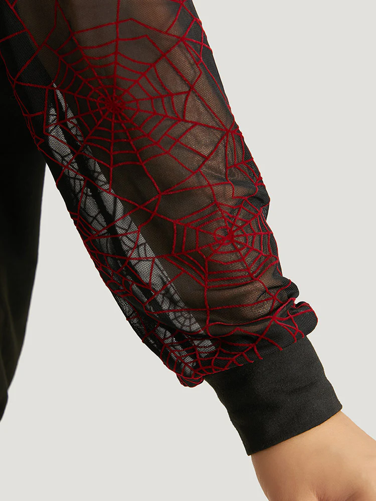 Halloween Spider Web Mesh Patchwork Round Neck Sweatshirt - Image 7