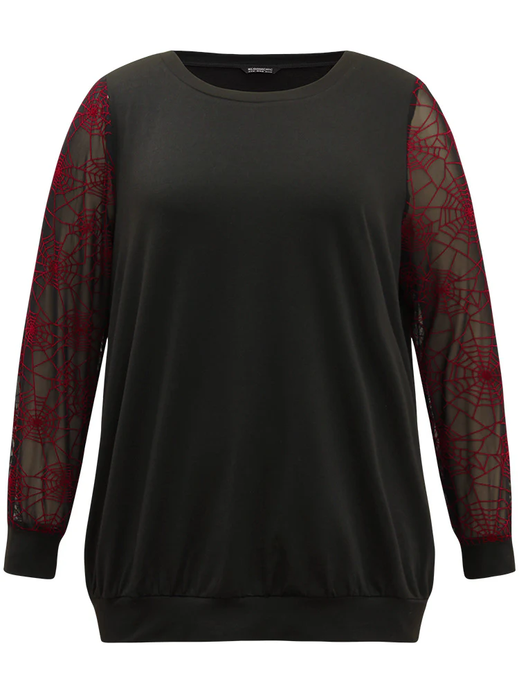 Halloween Spider Web Mesh Patchwork Round Neck Sweatshirt - Image 8
