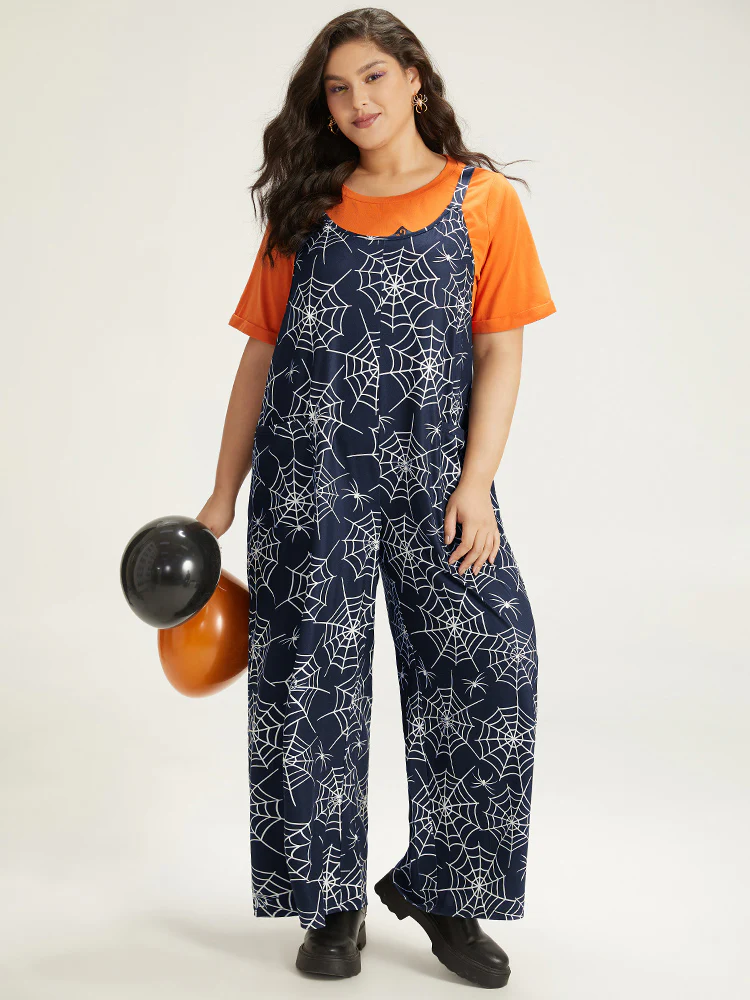 Halloween Spider Web Print Pocket Overall Cami Jumpsuit - Image 10