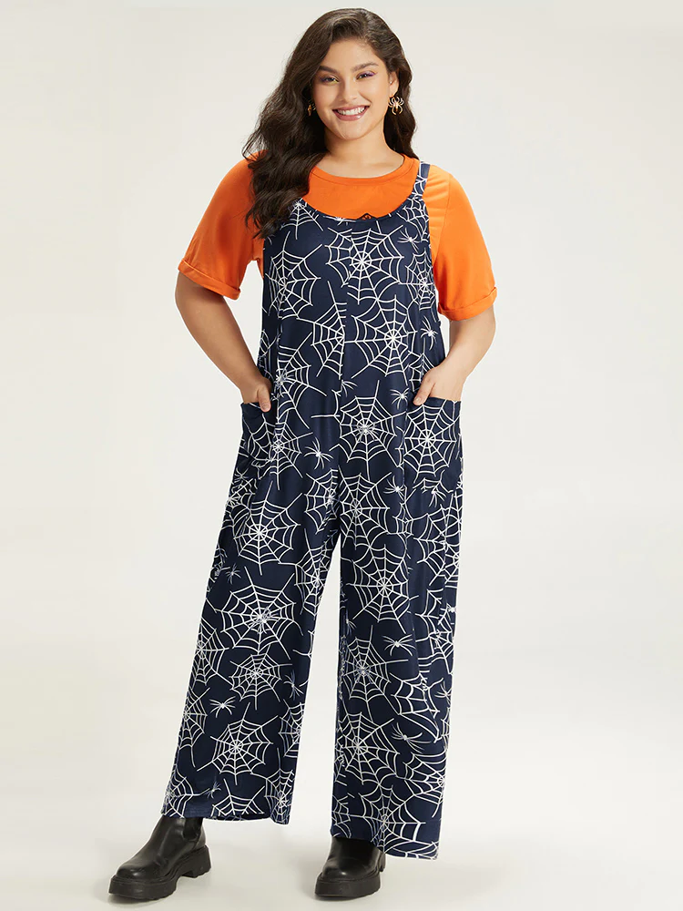 Halloween Spider Web Print Pocket Overall Cami Jumpsuit - Image 11