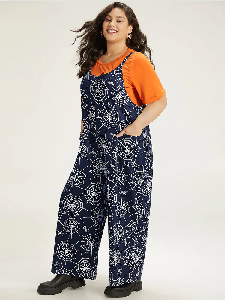 Halloween Spider Web Print Pocket Overall Cami Jumpsuit - Image 13