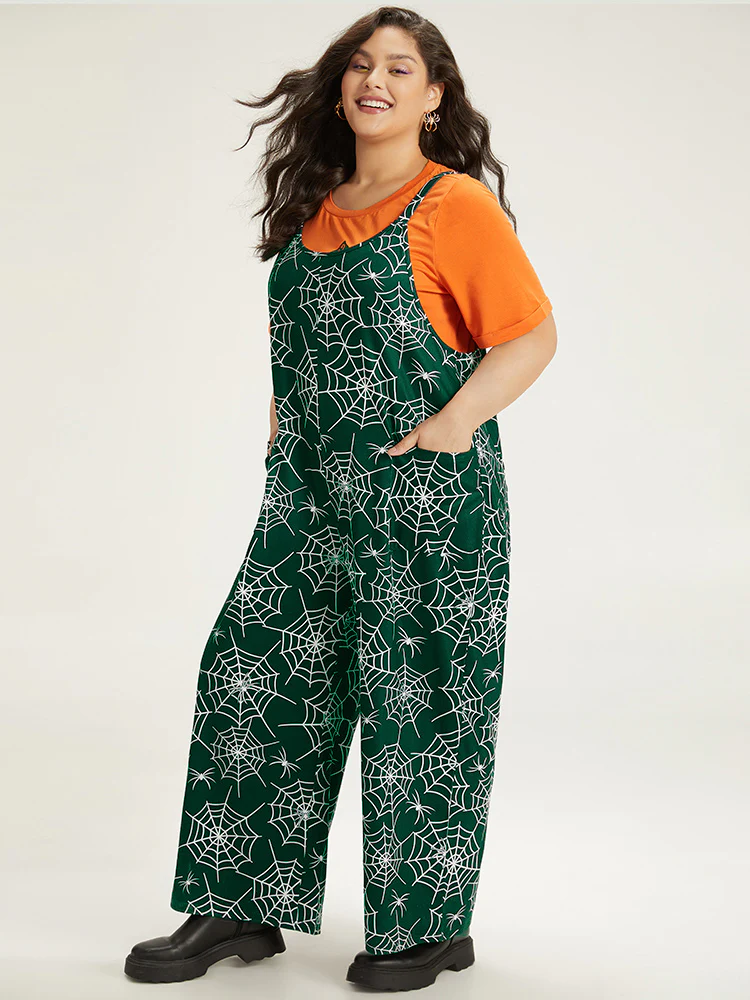 Halloween Spider Web Print Pocket Overall Cami Jumpsuit - Image 17