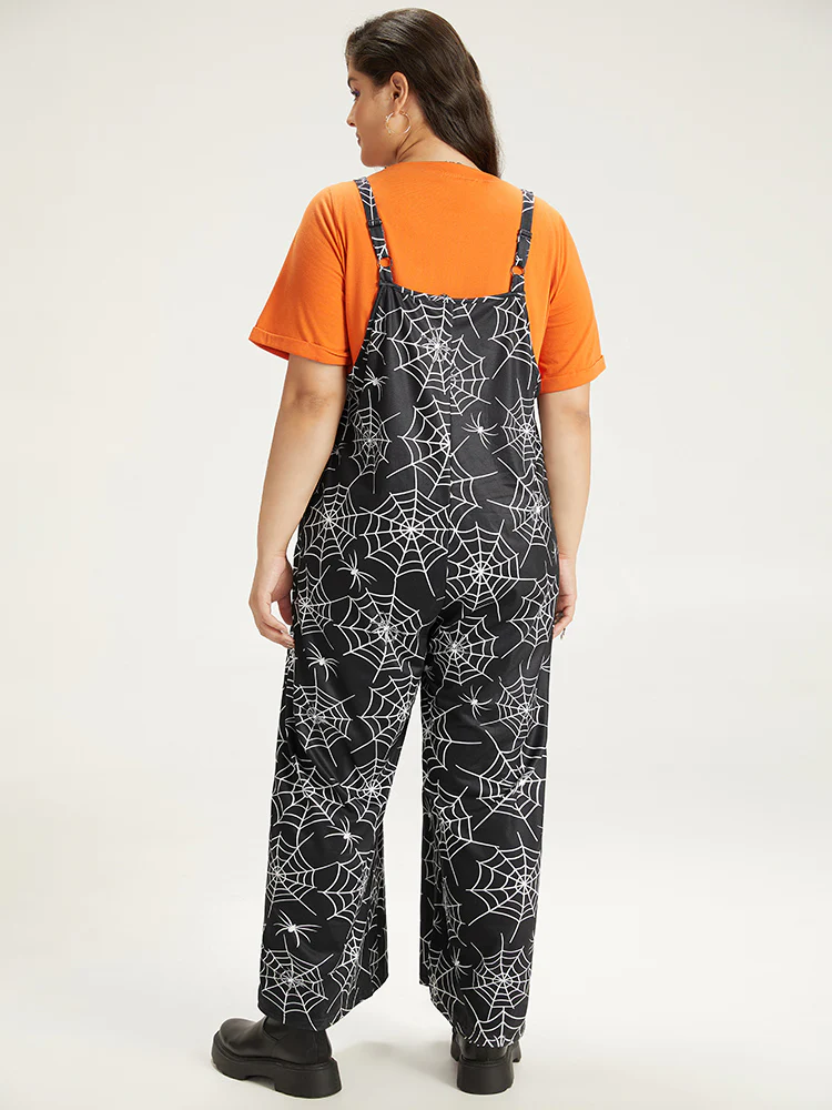 Halloween Spider Web Print Pocket Overall Cami Jumpsuit - Image 2