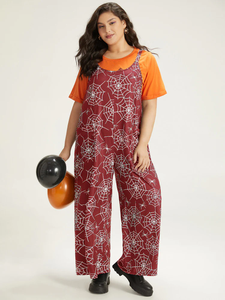 Halloween Spider Web Print Pocket Overall Cami Jumpsuit - Image 20