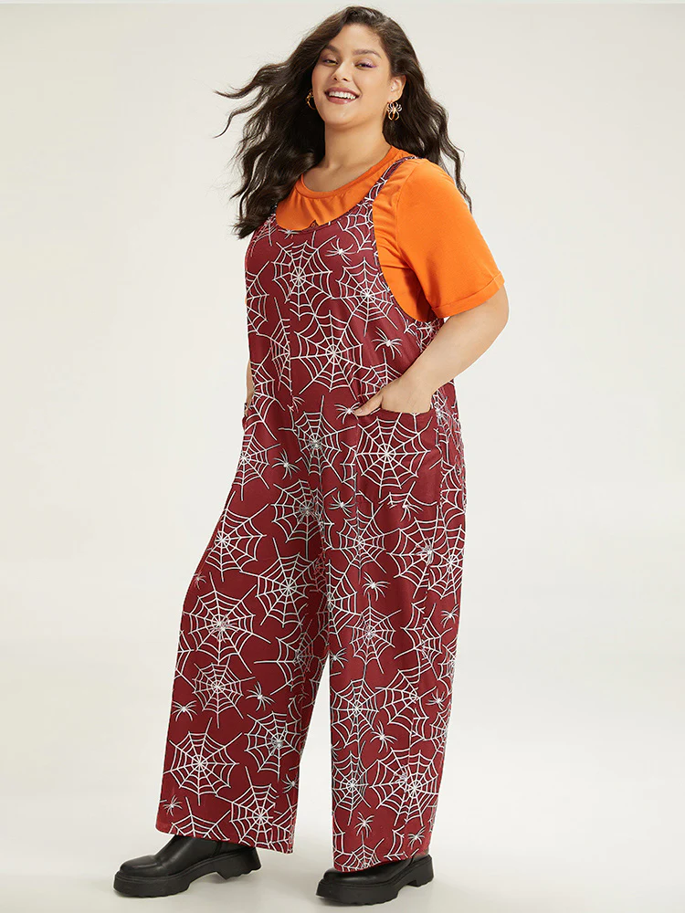 Halloween Spider Web Print Pocket Overall Cami Jumpsuit - Image 22