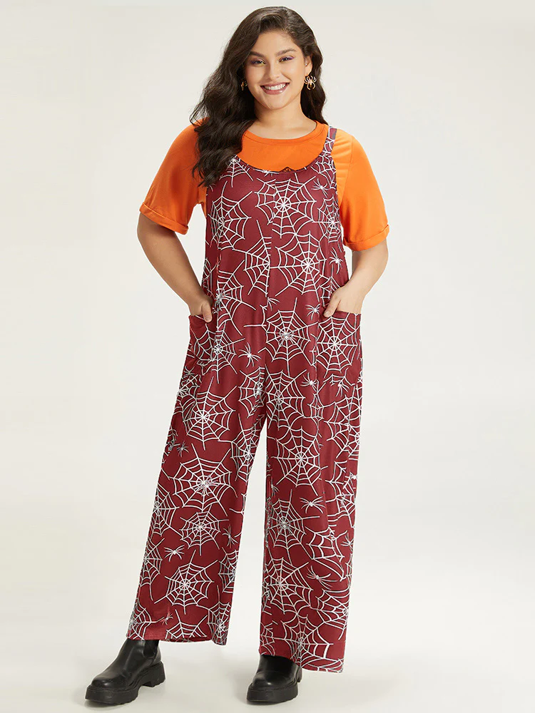 Halloween Spider Web Print Pocket Overall Cami Jumpsuit - Image 23