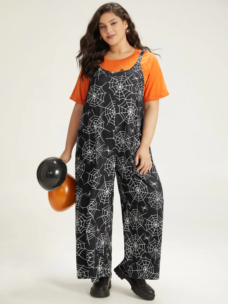 Halloween Spider Web Print Pocket Overall Cami Jumpsuit - Image 3
