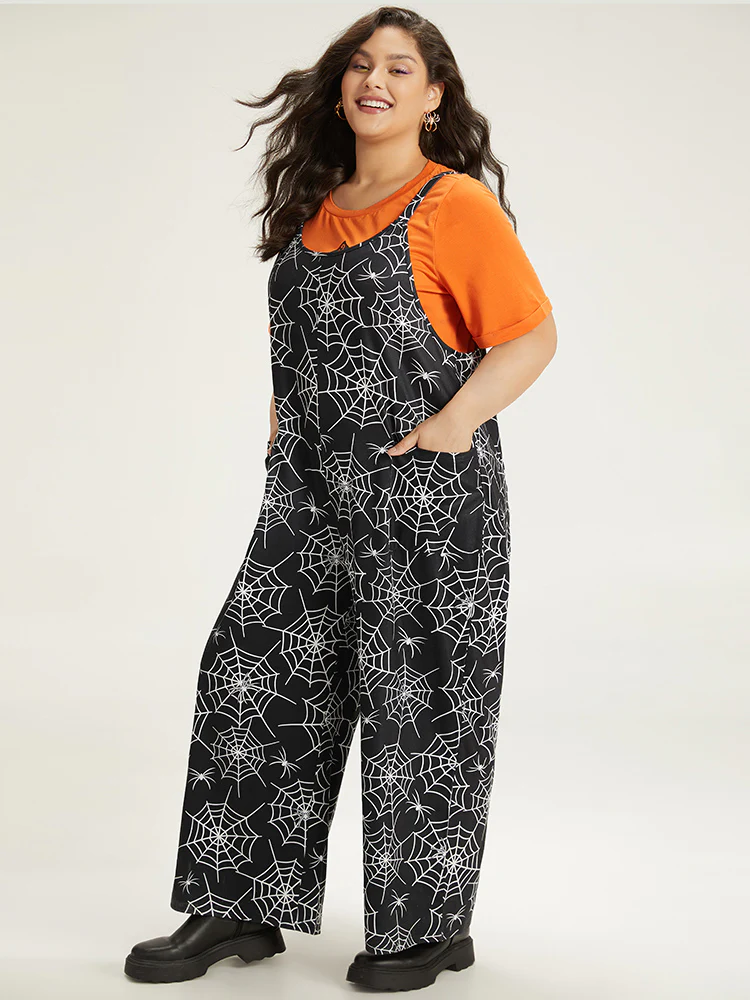 Halloween Spider Web Print Pocket Overall Cami Jumpsuit - Image 4