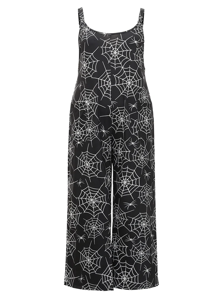Halloween Spider Web Print Pocket Overall Cami Jumpsuit - Image 9