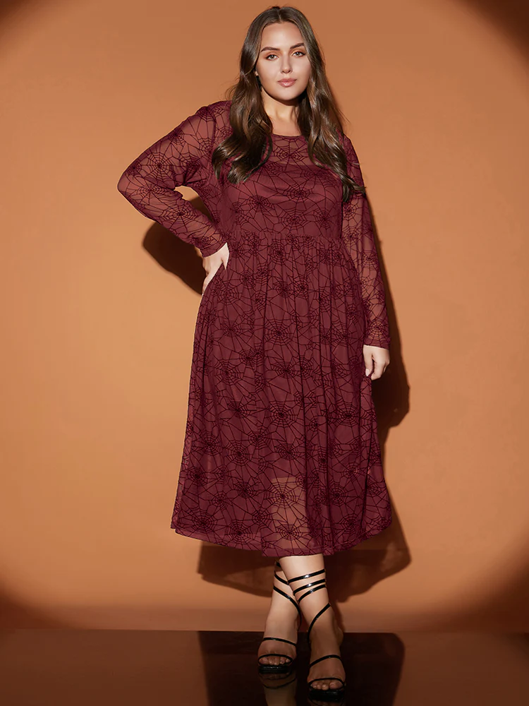 Halloween Spider Web Round Neck Mesh Patchwork Midi Dress - Image 2