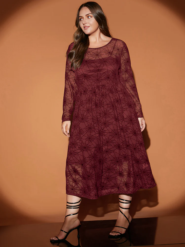 Halloween Spider Web Round Neck Mesh Patchwork Midi Dress - Image 3