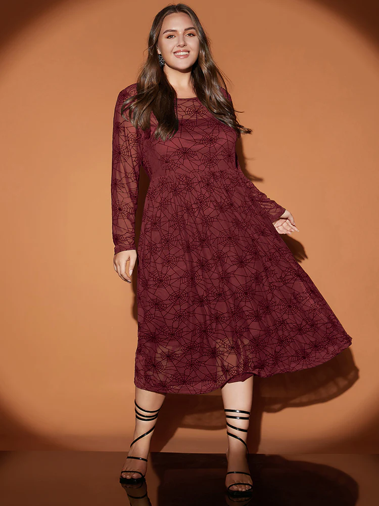 Halloween Spider Web Round Neck Mesh Patchwork Midi Dress - Image 4