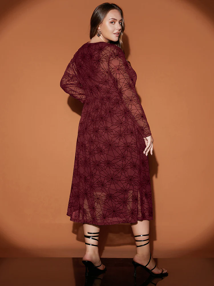Halloween Spider Web Round Neck Mesh Patchwork Midi Dress - Image 5
