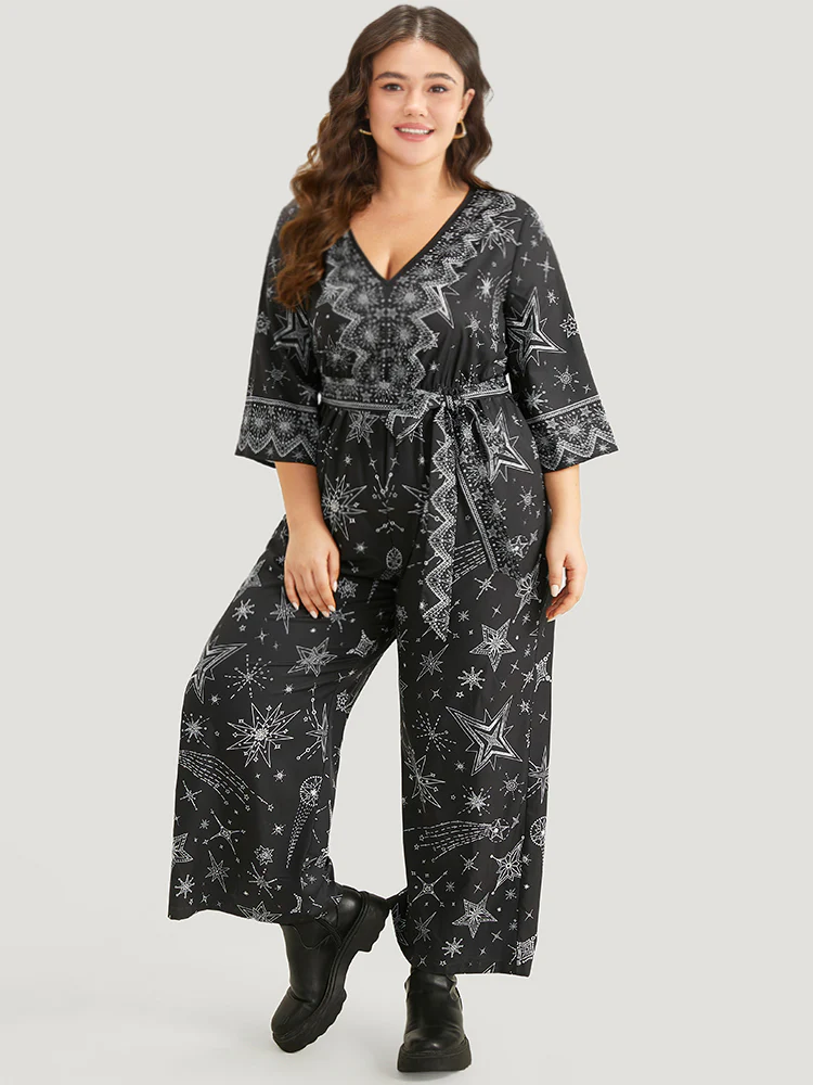 Halloween Star Print Belted V Neck Jumpsuit - Image 2