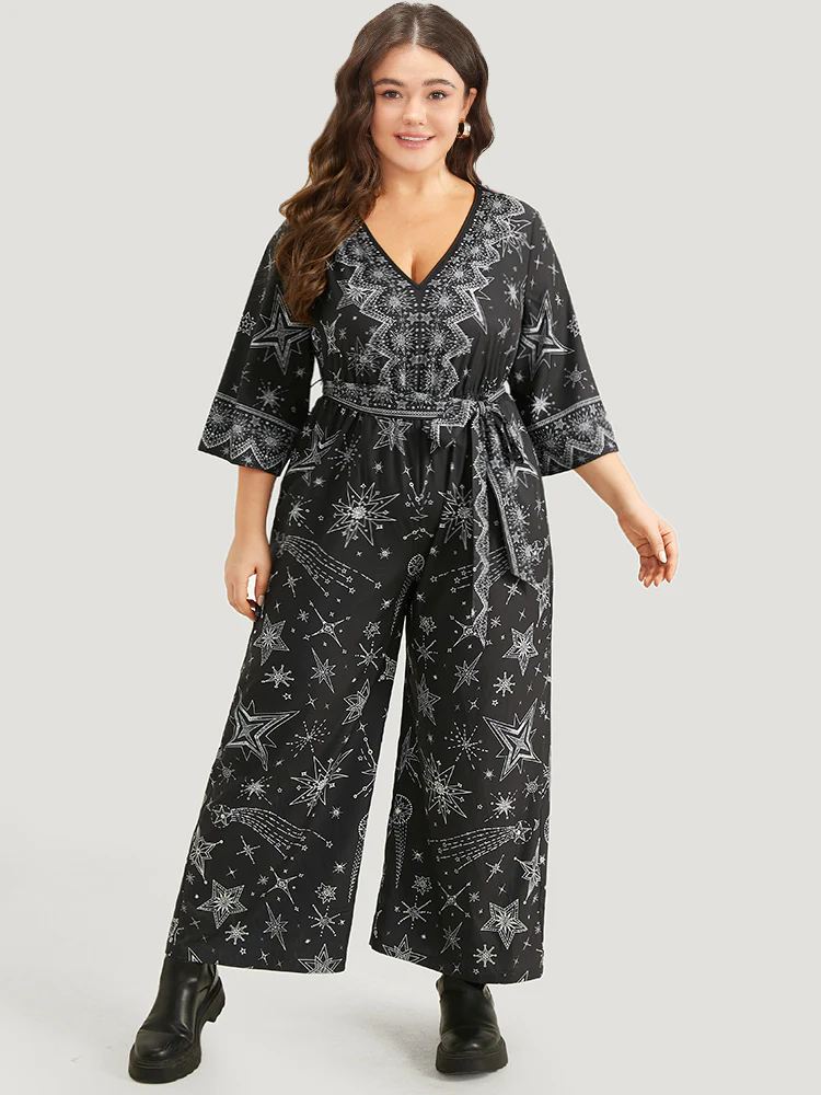 Halloween Star Print Belted V Neck Jumpsuit - Image 4