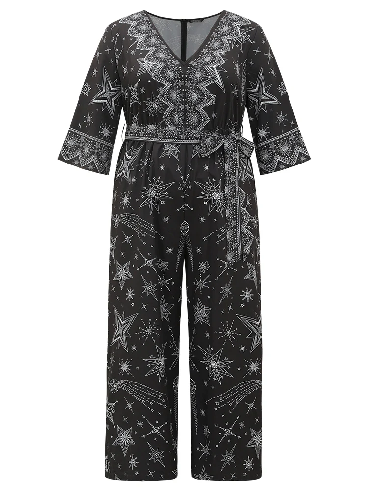 Halloween Star Print Belted V Neck Jumpsuit - Image 8