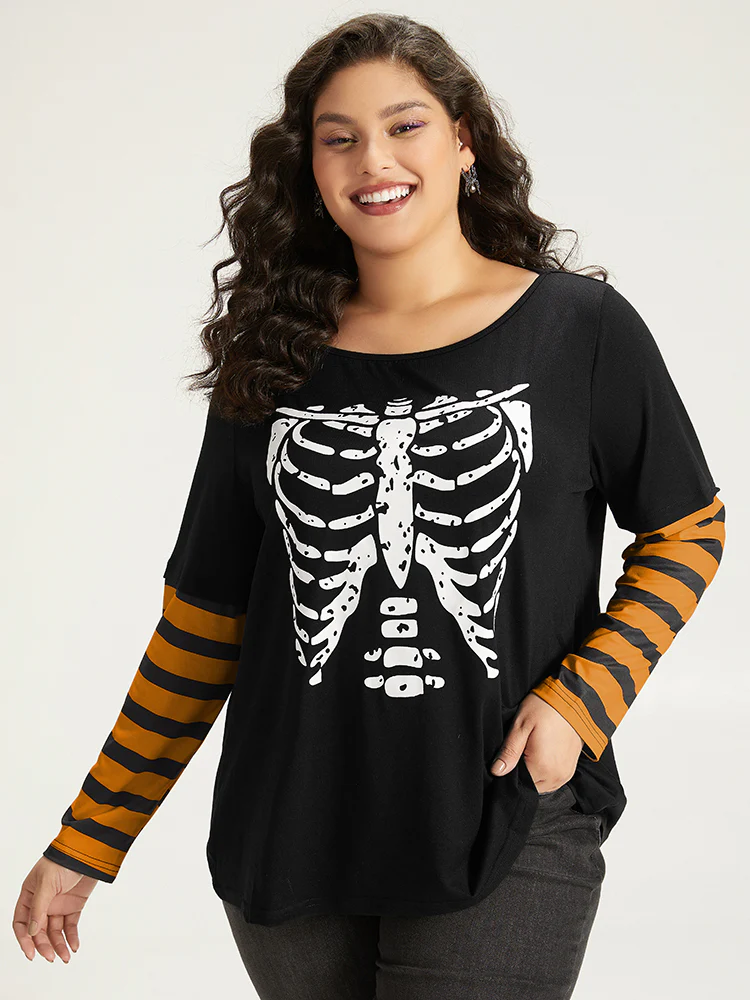 Halloween Striped & Skull Print Patchwork T-shirt - Image 2