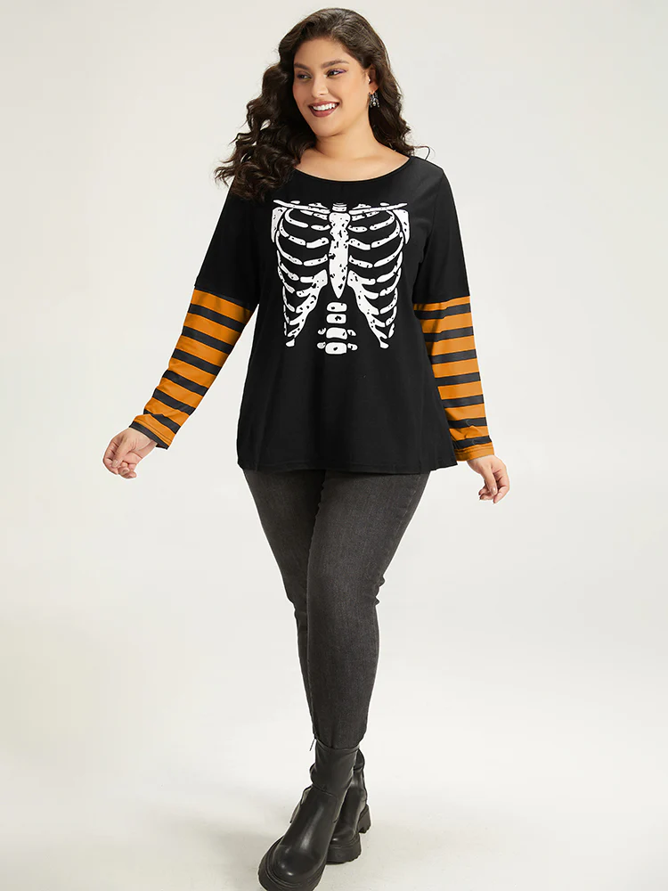 Halloween Striped & Skull Print Patchwork T-shirt - Image 3