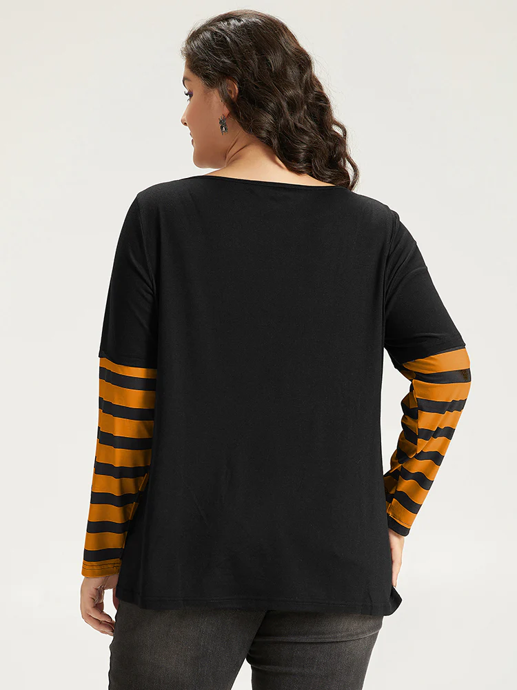 Halloween Striped & Skull Print Patchwork T-shirt - Image 4