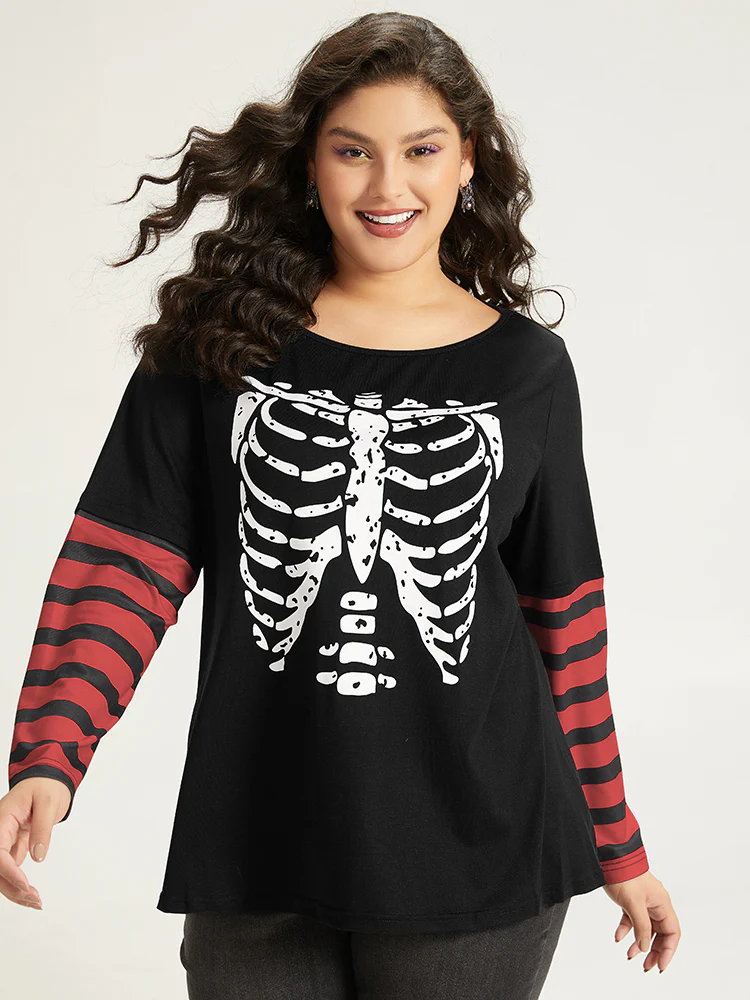 Halloween Striped & Skull Print Patchwork T-shirt - Image 5