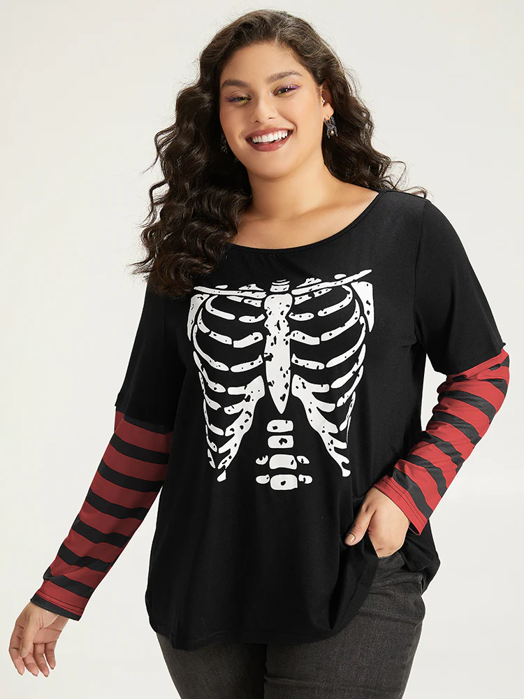 Halloween Striped & Skull Print Patchwork T-shirt - Image 6