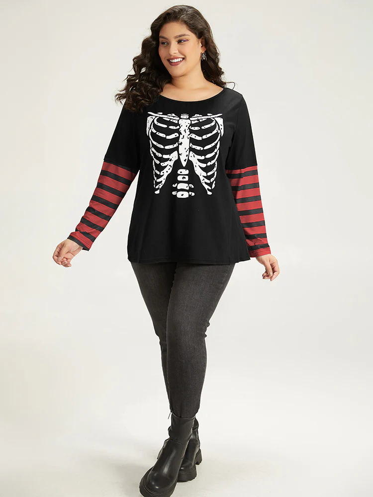Halloween Striped & Skull Print Patchwork T-shirt - Image 7