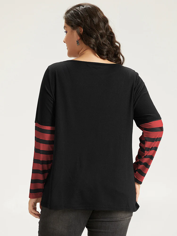 Halloween Striped & Skull Print Patchwork T-shirt - Image 8