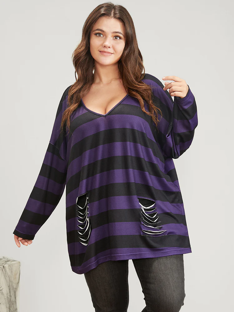 Halloween Striped V Neck Distressed Long Tee - Image 2