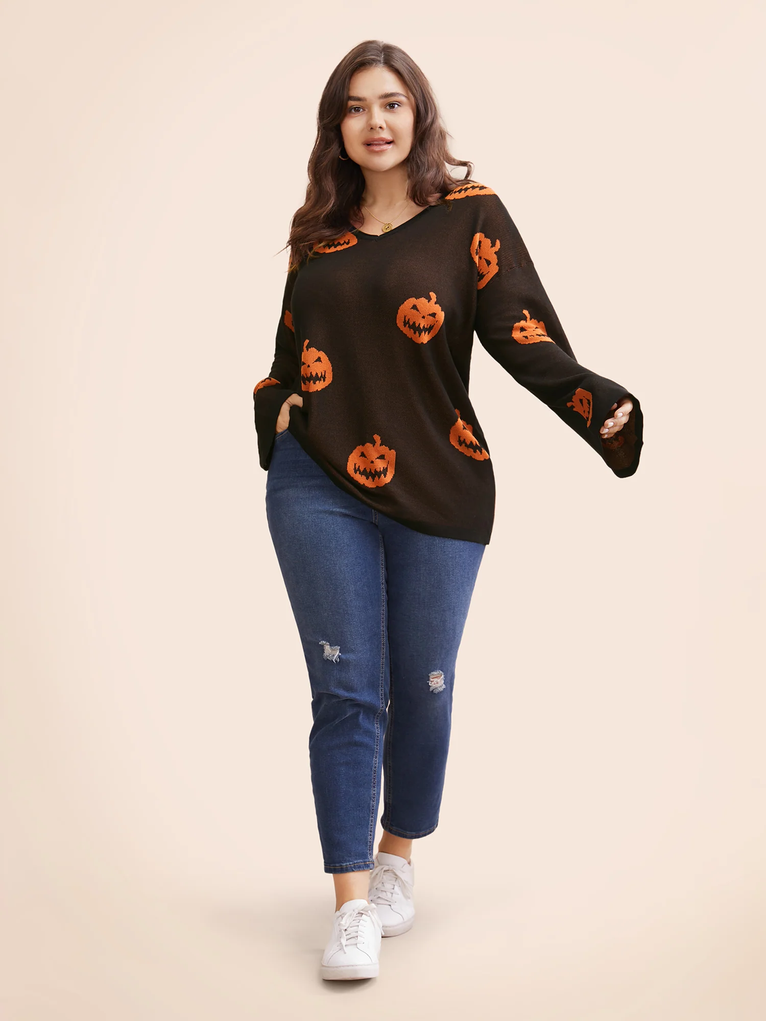 Halloween V Neck Bell Sleeve Pullover - Image 3
