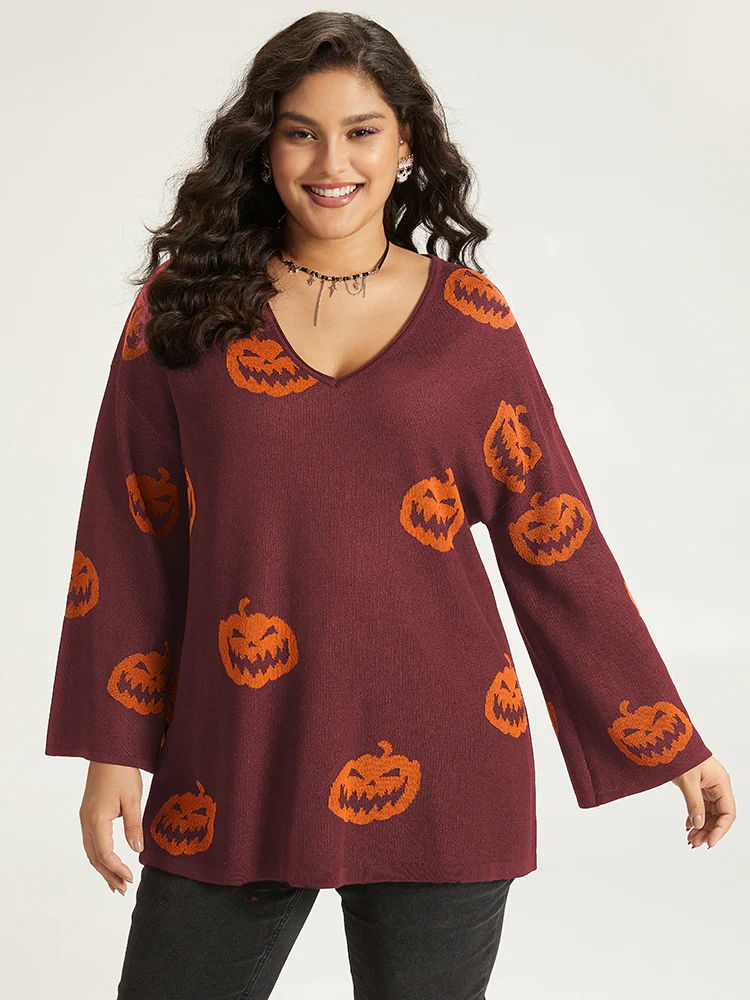 Halloween V Neck Bell Sleeve Pullover - Image 5