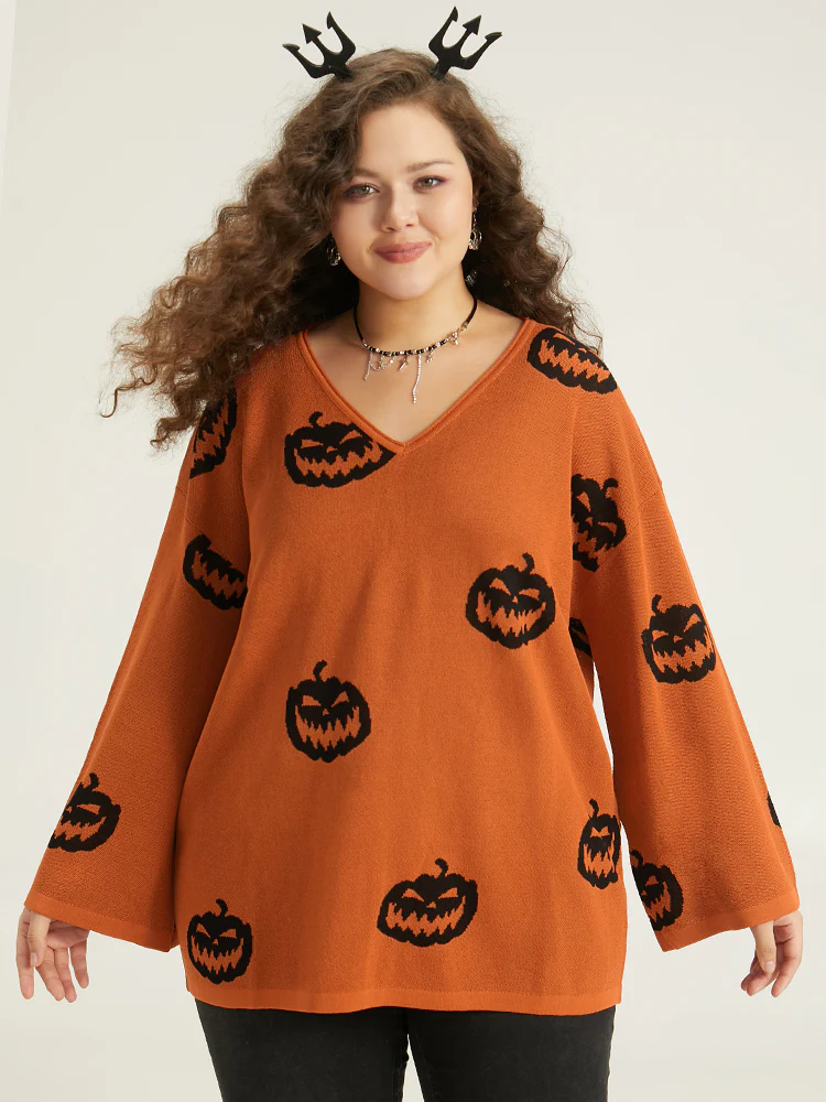 Halloween V Neck Bell Sleeve Pullover - Image 9